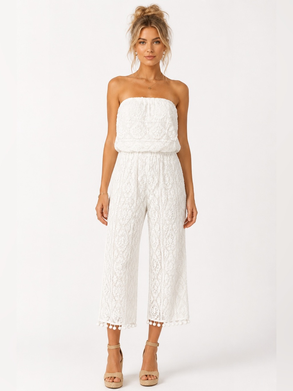Saylor – Kenzie Strapless Lace Cropped Wide Leg Jumpsuit - Ivory - Sz. XS